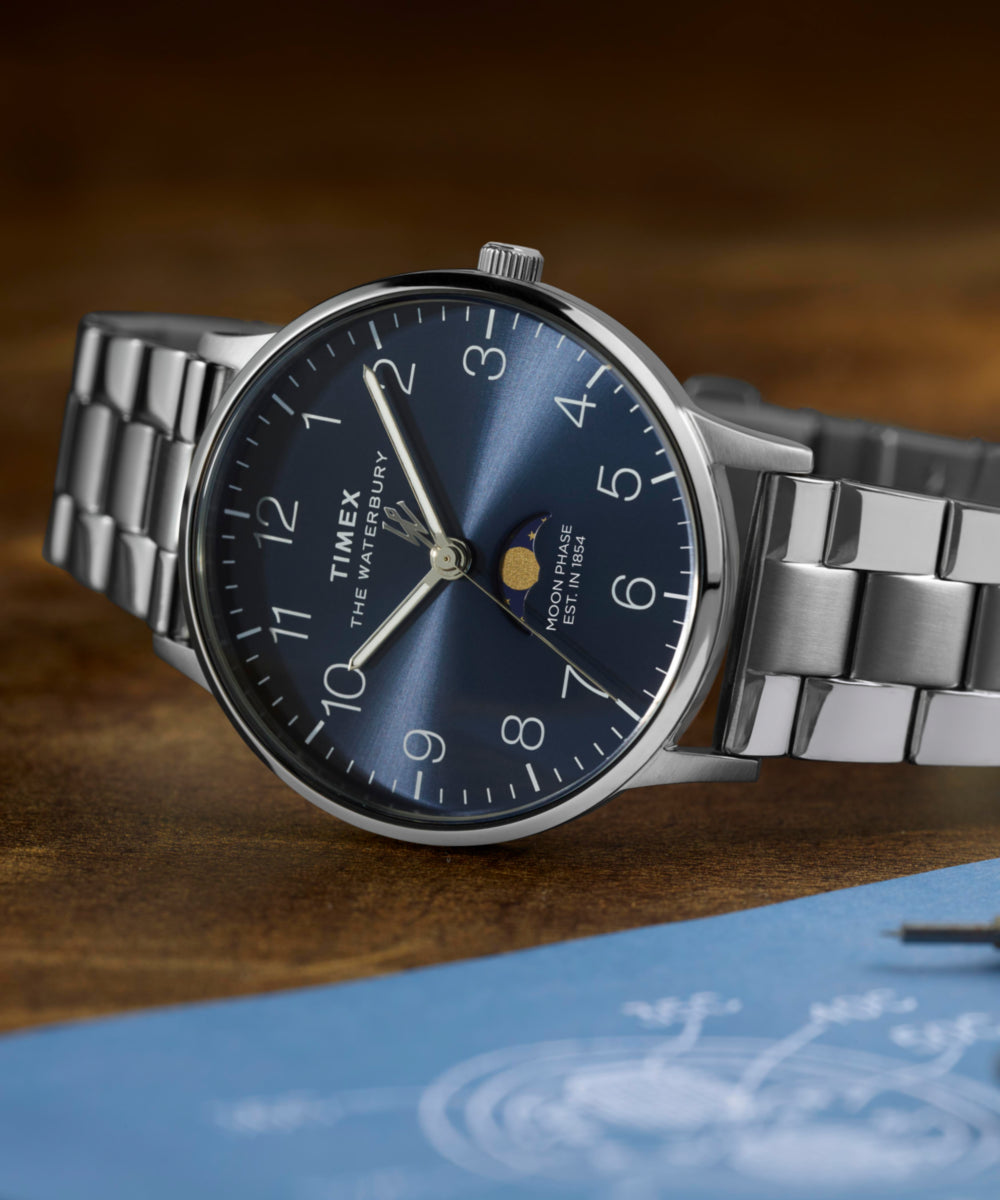 Waterbury Classic Moon Phase 40mm Stainless Steel Bracelet Watch