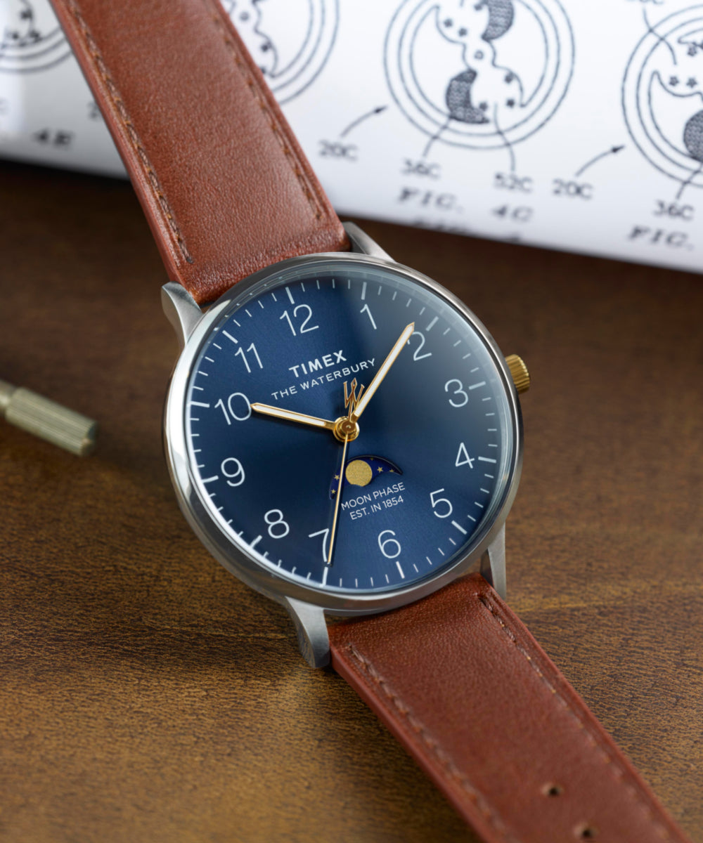 Waterbury Classic Moon Phase 40mm Leather Strap Watch