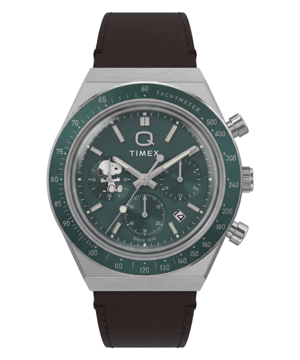 Peanuts x Q Timex Chronograph 40mm Leather Strap Watch