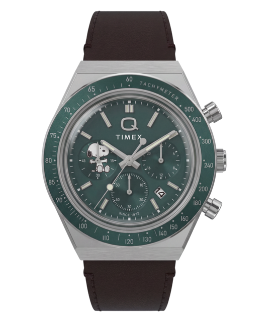 Peanuts x Q Timex Chronograph 40mm Leather Strap Watch