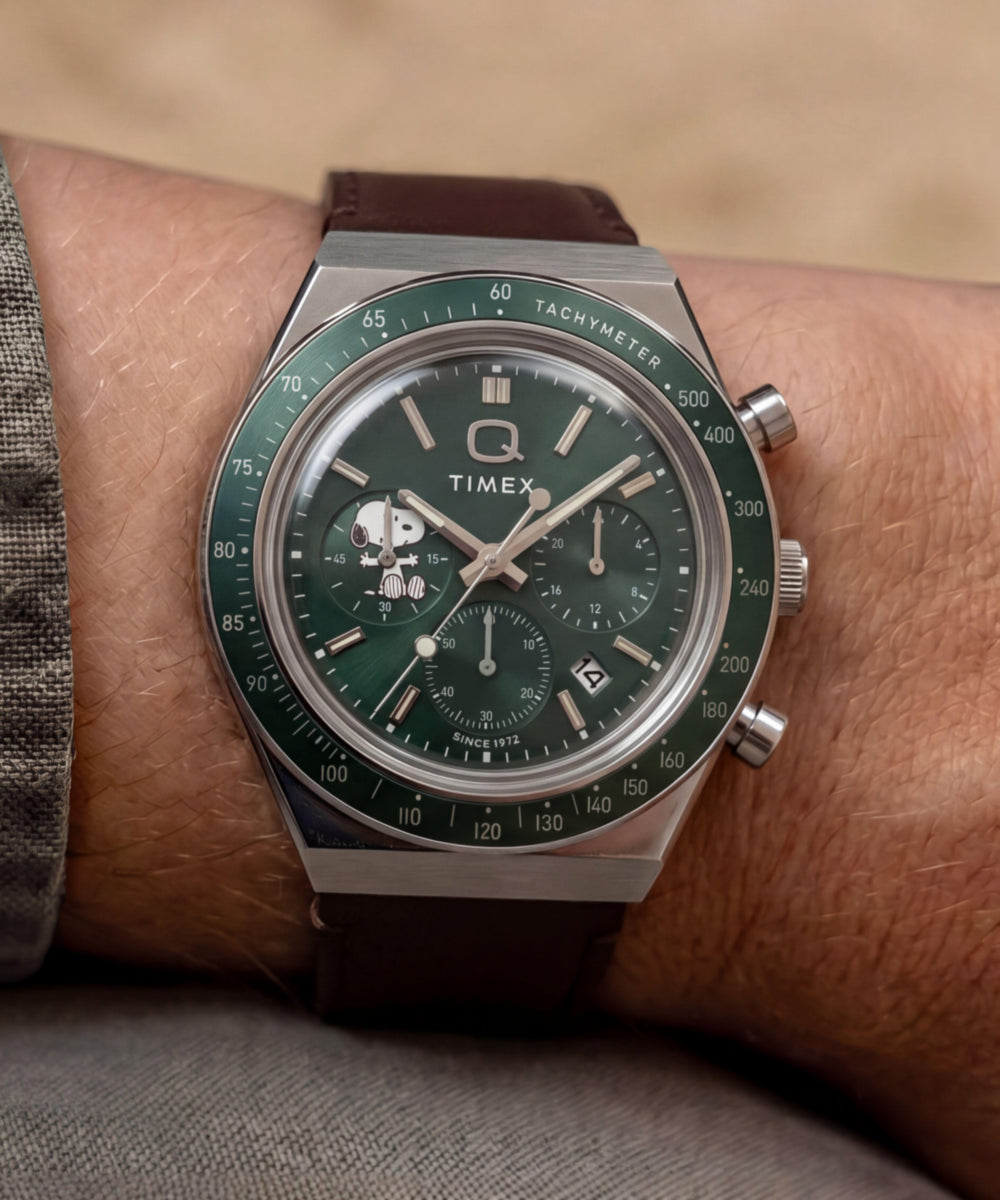 Peanuts x Q Timex Chronograph 40mm Leather Strap Watch