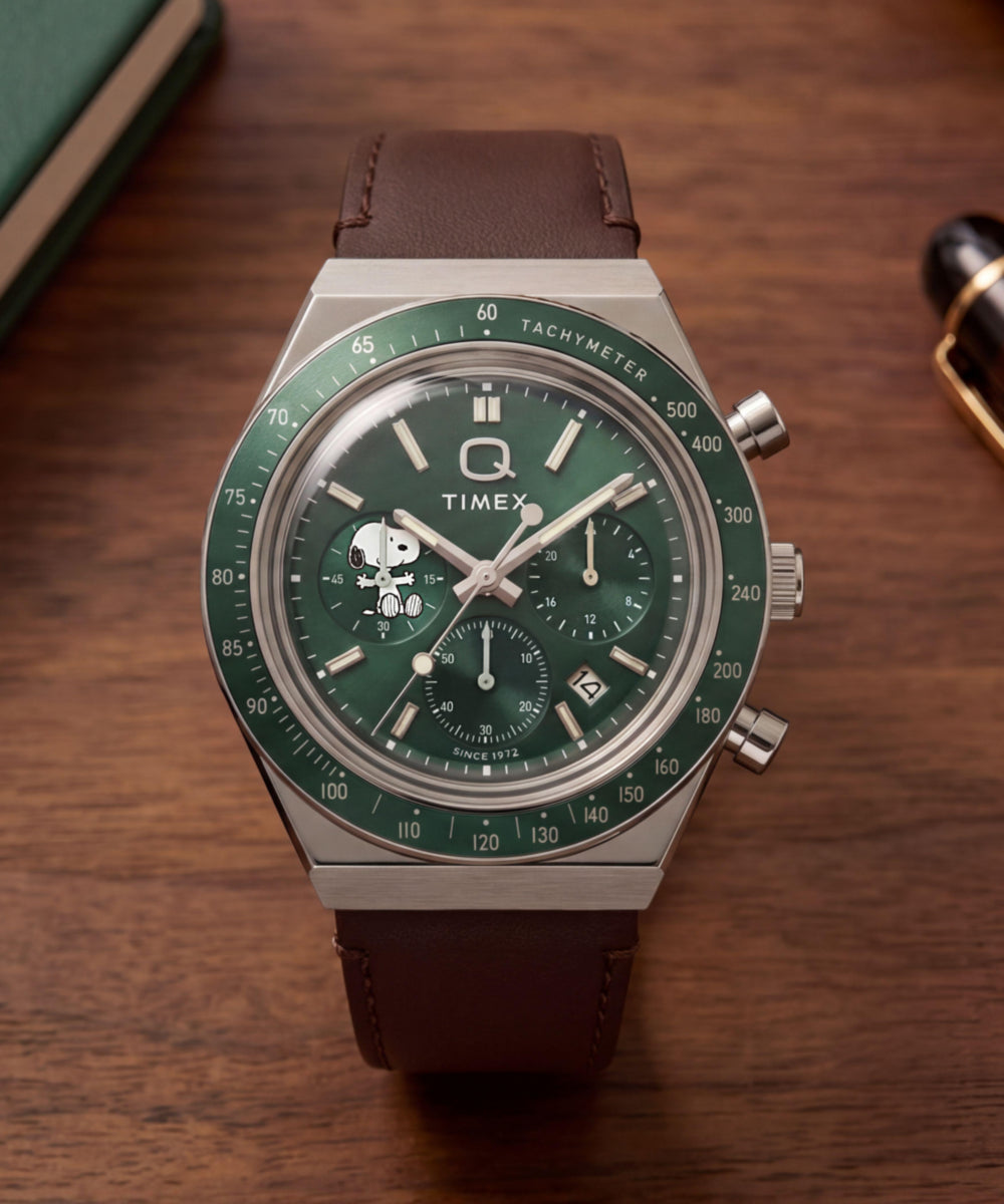 Peanuts x Q Timex Chronograph 40mm Leather Strap Watch