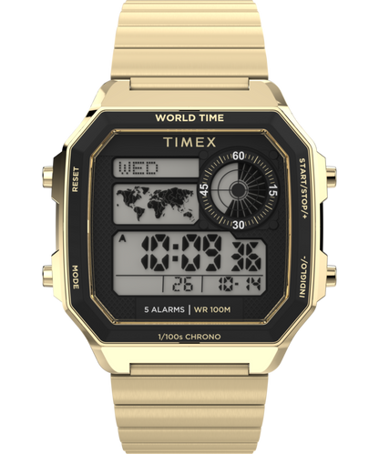 World Time Digital 40mm Stainless Steel Bracelet Watch