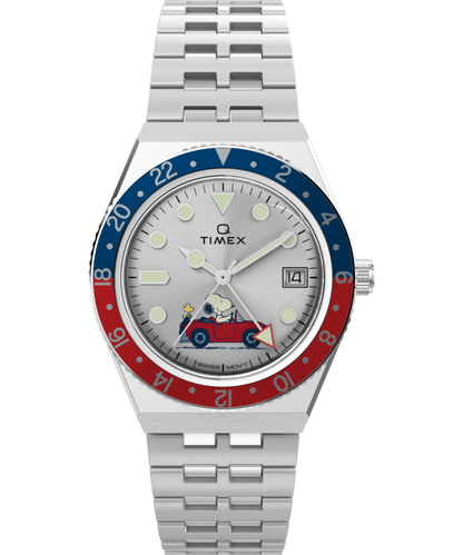 Peanuts x Q Timex GMT 38mm Stainless Steel Bracelet Watch