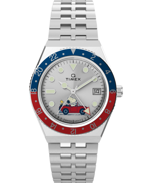Peanuts x Q Timex GMT 38mm Stainless Steel Bracelet Watch