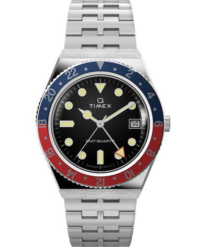 Q Timex GMT 38mm Stainless Steel Bracelet Watch