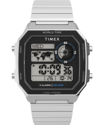 World Time Digital 40mm Stainless Steel Bracelet Watch