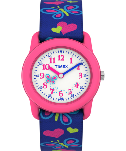 TIMEX TIME MACHINES 29mm Butterflies and Hearts Blue Elastic Fabric K