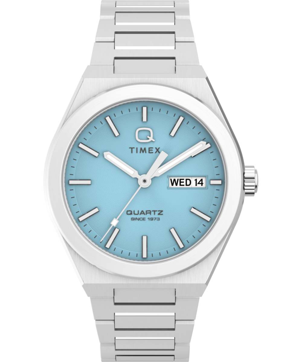 Q Timex Continental Day and Date 39mm Stainless Steel Bracelet Watch