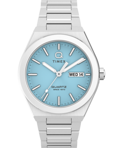 Q Timex Continental Day and Date 39mm Stainless Steel Bracelet Watch