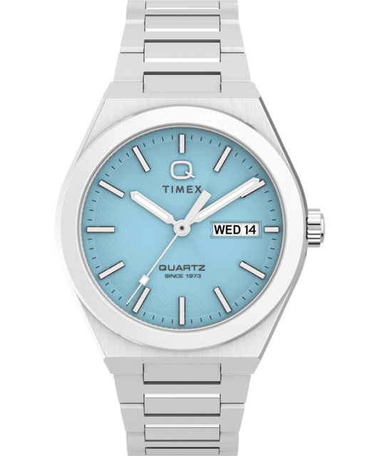 Q Timex Continental Day and Date 39mm Stainless Steel Bracelet Watch