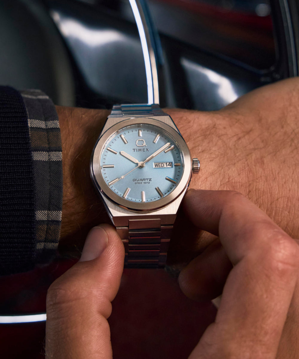 Q Timex Continental Day and Date 39mm Stainless Steel Bracelet Watch