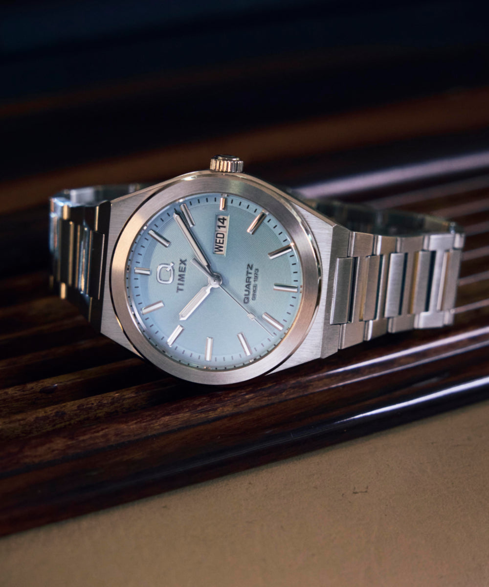 Q Timex Continental Day and Date 39mm Stainless Steel Bracelet Watch