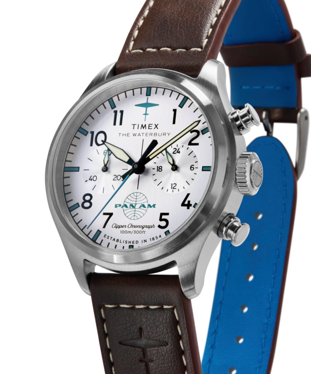 Timex x Pan Am Waterbury Ace Chronograph 41mm Leather Strap Watch