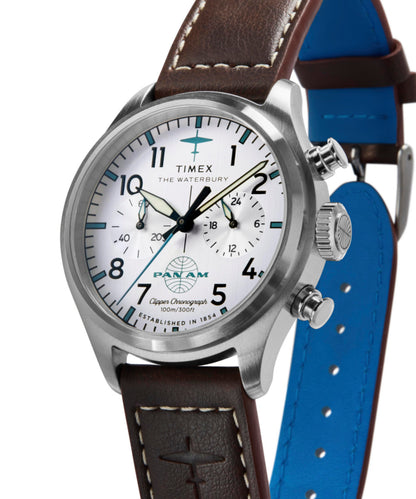 Timex x Pan Am Waterbury Ace Chronograph 41mm Leather Strap Watch