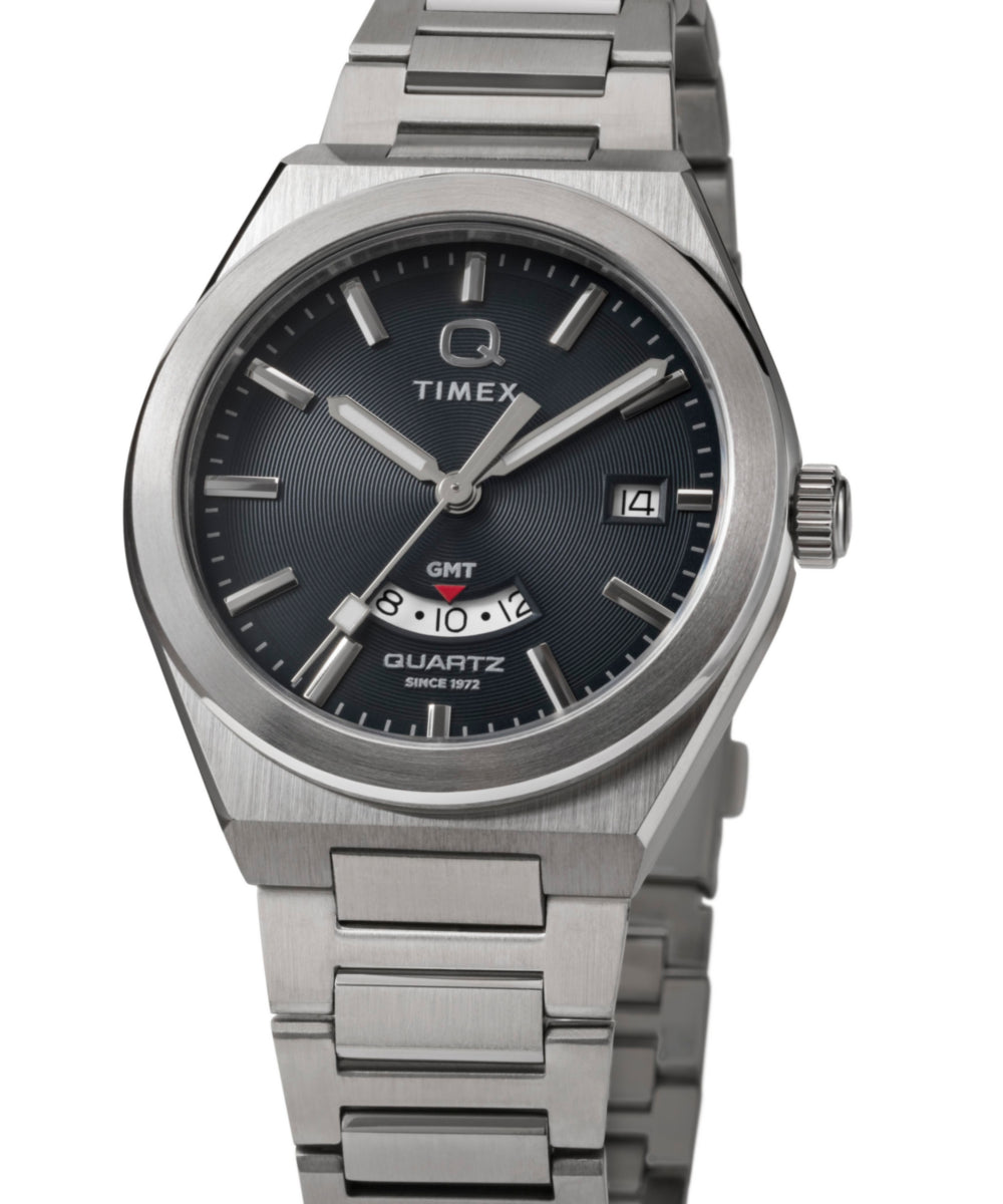 Q Timex Continental GMT 39mm Stainless Steel Bracelet Watch