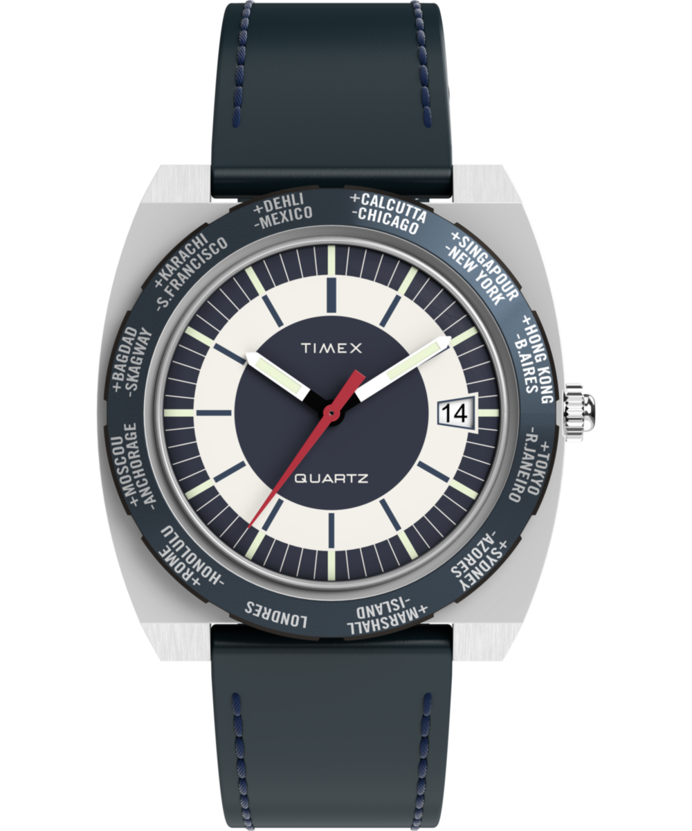 Q Timex 1972 World Time 39mm Leather Strap Watch