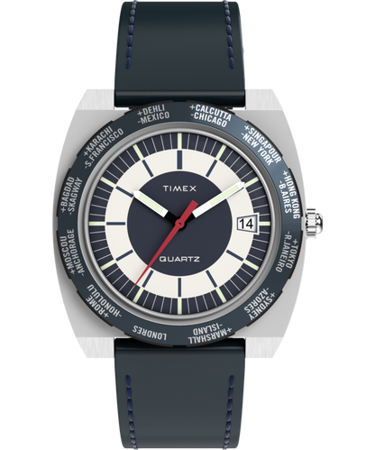 Q Timex 1972 World Time 39mm Leather Strap Watch