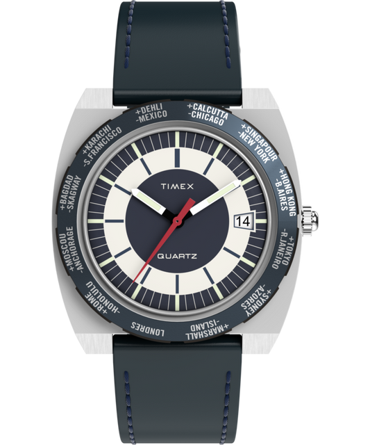 Q Timex 1972 World Time 39mm Leather Strap Watch
