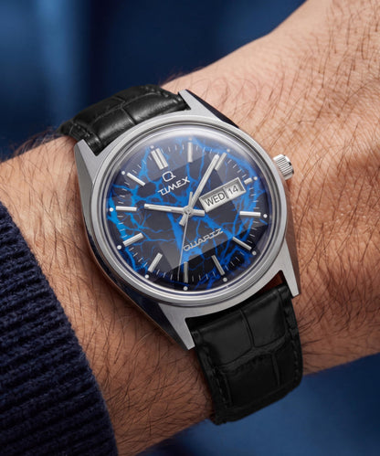 Q Timex Blue Vega 38mm Leather Strap Watch