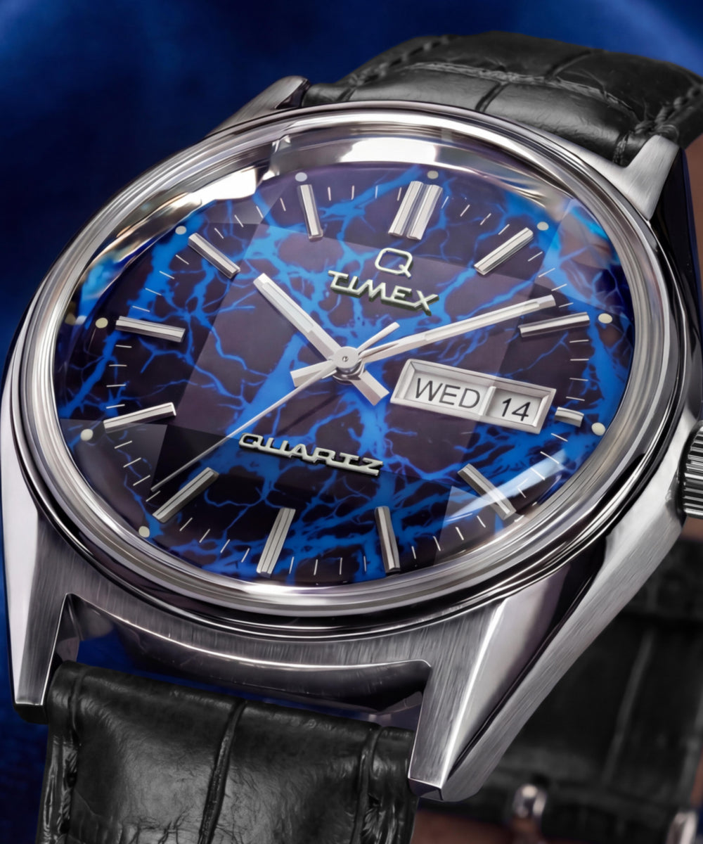 Q Timex Blue Vega 38mm Leather Strap Watch