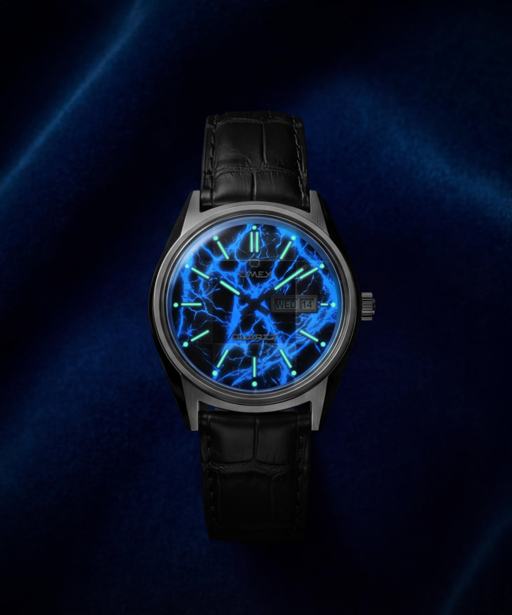 Q Timex Blue Vega 38mm Leather Strap Watch