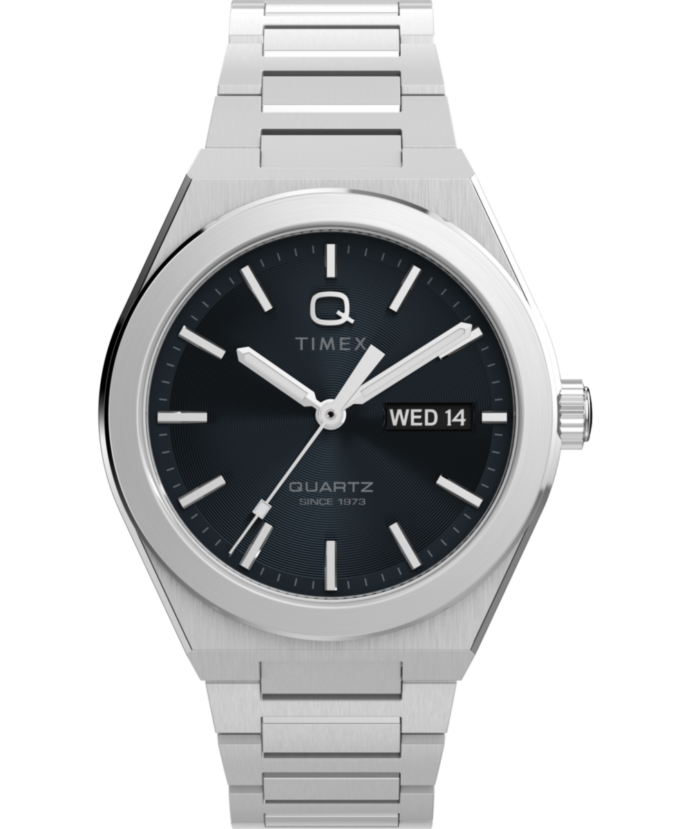 Q Timex Continental Day and Date 39mm Stainless Steel Bracelet Watch