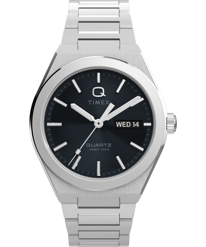 Q Timex Continental Day and Date 39mm Stainless Steel Bracelet Watch