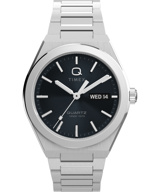 Q Timex Continental Day and Date 39mm Stainless Steel Bracelet Watch
