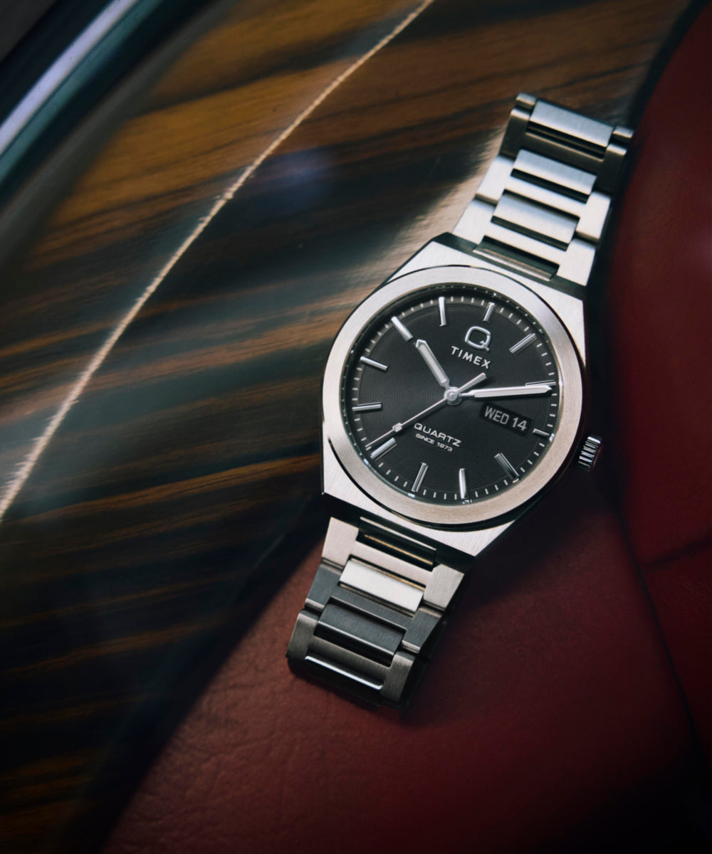 Q Timex Continental Day and Date 39mm Stainless Steel Bracelet Watch