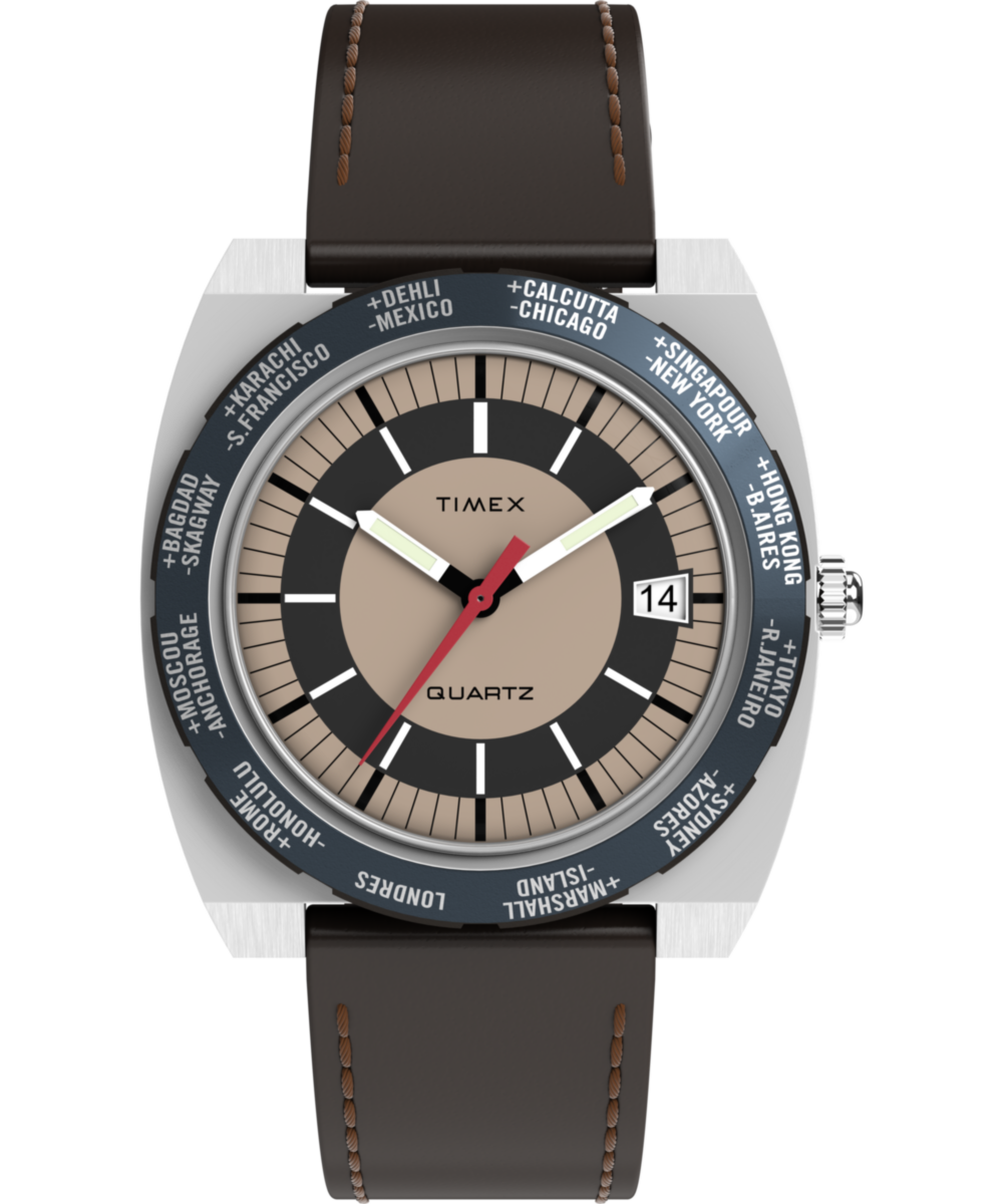 Q Timex 1972 World Time 39mm Leather Strap Watch