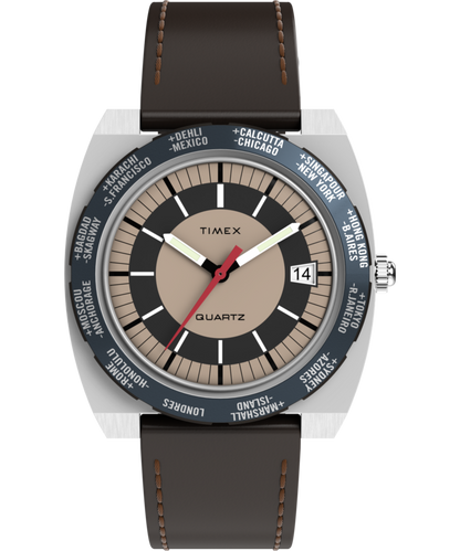 Q Timex 1972 World Time 39mm Leather Strap Watch