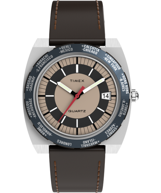 Q Timex 1972 World Time 39mm Leather Strap Watch